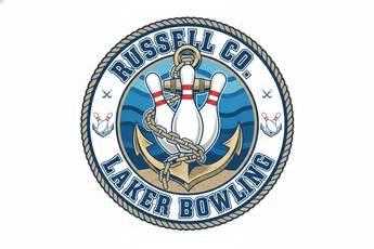 Russell Co. Laker Bowling text with an anchor and bowling pins incorporated