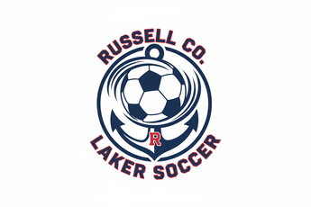 Russell Co. Laker Soccer using red, white and deep navy colors. incorporate a soccerball and an anchor